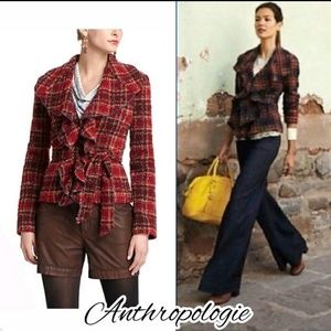 Tabitha / Anthropologie plaid jacket coat ruffle red wool XXS 0 dressy belted